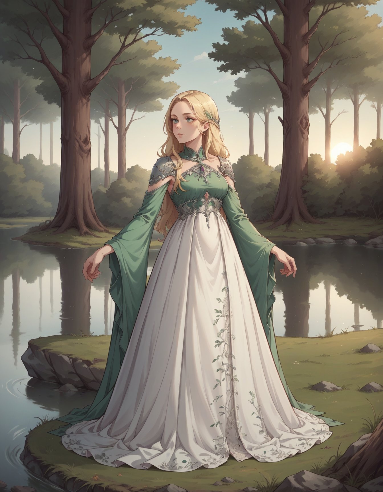 score_9, score_8_up, score_7_up, score_6_up, source_anime, romantic style (full body photo:1.3), adult woman, standing, HUD_spr_armr, hair decoration, long green (chiffon dress), long sleeves, jewelry, intricate engraved metal neckpiece, shoulder piece, jeweled belt, breastplate, long sleeves, <lora:nature_princess_xlp-000008:0.7>, (long blonde hair:1.1), 4k, sunset in the distance, setting with trees and a lake