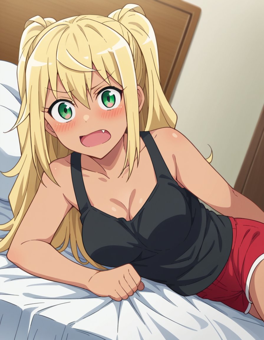 score_9, score_8_up, score_7_up, source_anime,hibikisakura, <lora:hibiki-sakura-s1-ponyxl-lora-nochekaiser:1>hibiki sakura, long hair, blonde hair, hair between eyes, twintails, green eyes, fang, dark skin, dark-skinned female, gyaru, mature female,shirt, cleavage, bare shoulders, collarbone, shorts, black shirt, short shorts, tank top, red shorts, black tank top,indoors, bed, bed room, on side, blush, drunk,looking at viewer, dutch angle, cowboy shot