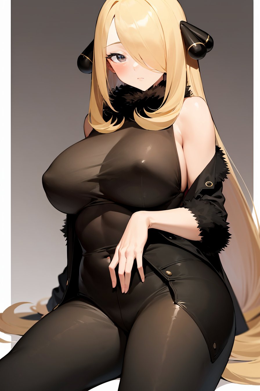 (masterpiece, best quality), 1girl, (solo), looking at viewer,<lora:Cynthia (Ikuchan Kaoru)-offset:1>, cynthia-IK, blonde hair, hair ornament, hair over one eye, long hair, large breasts,fur trim, pants, coat, fur collar, long coat, black coat, black pants, black outfit,bored, disinterest, jitome, 