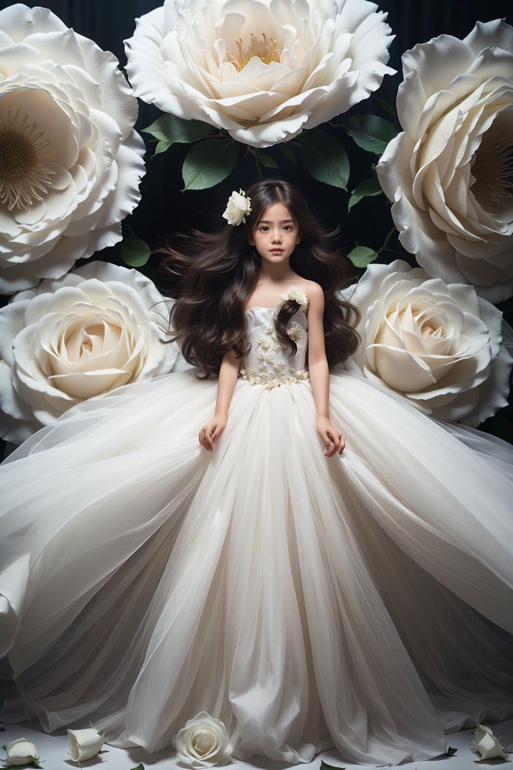 <lora:A five year old girl_20240506194719:0.8>,(5-year-old girl:1.2),flower,dress,solo,long hair,white flower,petals,white dress,white rose,rose,brown hair,bare shoulders,very long hair,strapless,black hair,strapless dress,