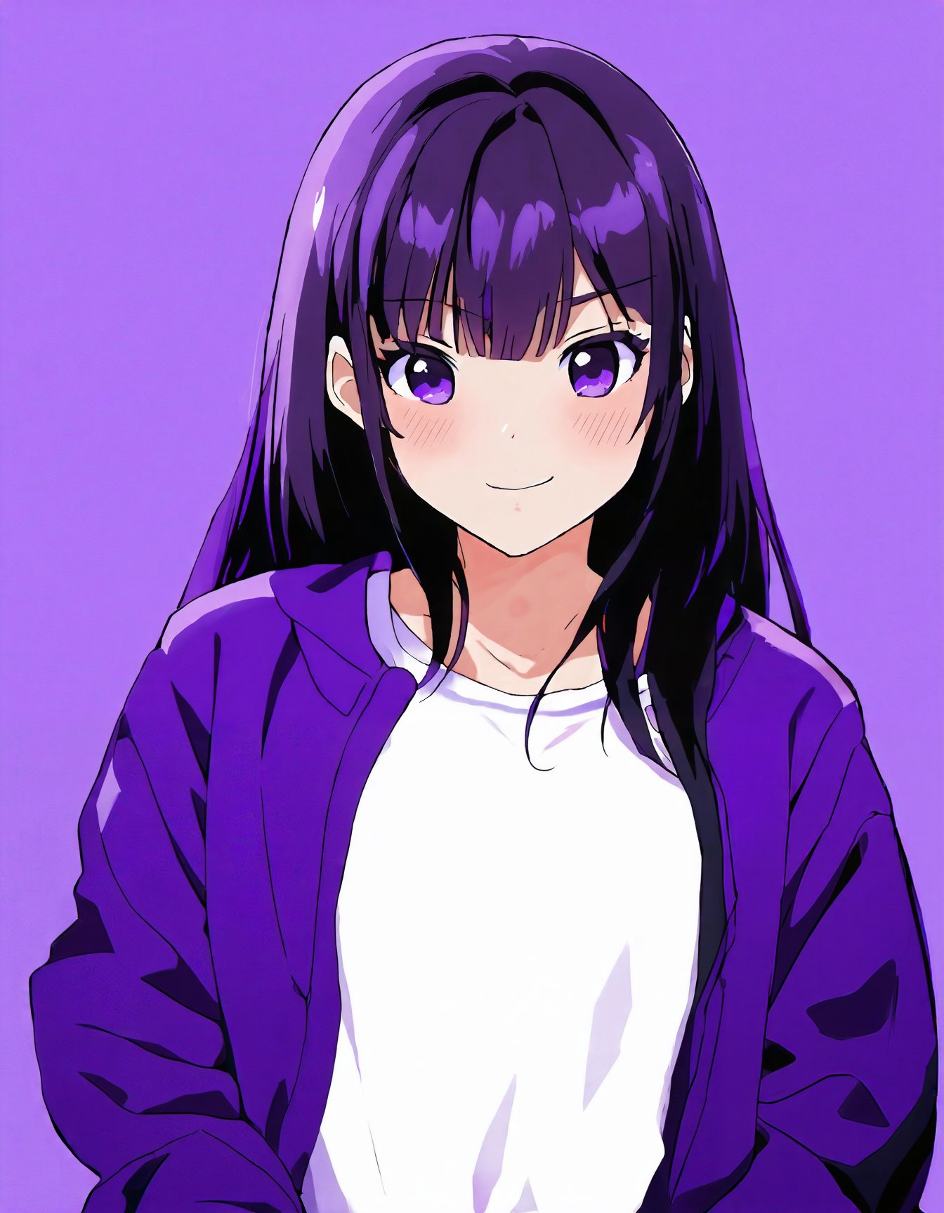 anime style, anime girl with purple hair and black hair wearing a white top and purple jacket standing in front of a purple background