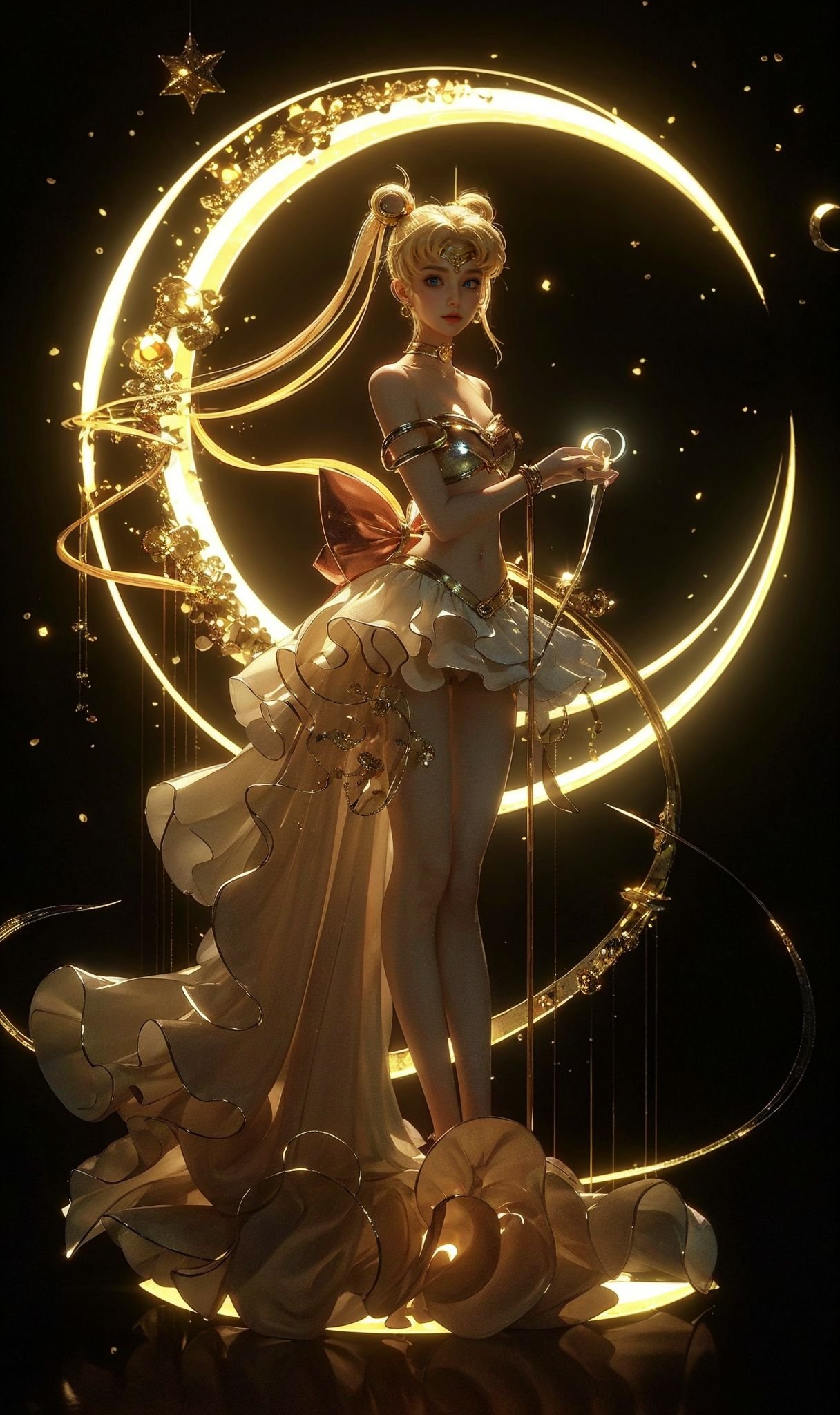 (8k, RAW photo, highly detailed,masterpiece, highest quality),rich colors,high contrast,film still,full shot body photo of the most beautiful artwork in the world,cinematic light,fantasy,highres,(detailed face),xuer Sailor Moon,1girl,long hair,tsukino usagi,blonde hair,solo,twintails,very long hair,crescent,jewelry,facial mark,blue eyes,hair bun,crescent facial mark,double bun,absurdly long hair,full body,crescent moon,bow,bangs,earrings,moon,breasts,forehead mark,hair ornament,high heels,navel,white bow,closed mouth,black background,high gloss,extremely beautiful skin,natural skin texture,(pale skin, real_skin),(Milky skin:1.2),(shiny skin:1.5),<lora:xuer Sailor Moon_20240329152018:0.8>,