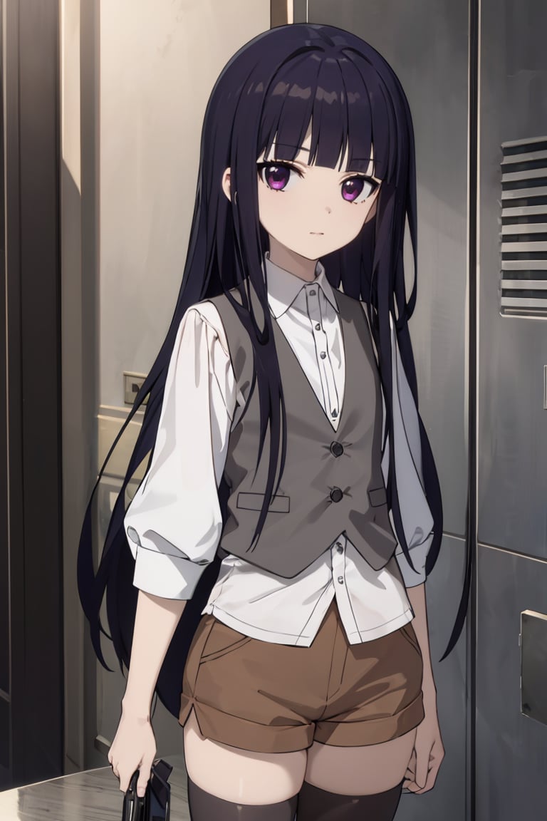 masterpiece, best quality, ultra-detailed, glistening shiny, glowing light, ray tracing, HDR, deph of field, (perfect face, detailed face),  <lora:ShirakiinRirichiyo:0.7>, ririchiyo, black hair, long hair, flat chest, grey vest, cropped vest, untucked shirt, brown shorts, black thighhighs, standing