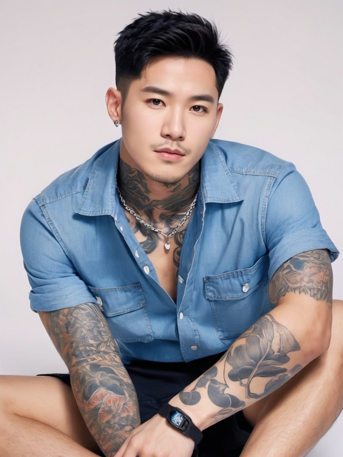 a man with short black hair,wearing a blue denim shirt,black boxer shorts,and white sneakers,is sitting on the floor against a white backdrop. he has tattoos on his upper body,and a necklace with a pendant, masterpiece,best quality,