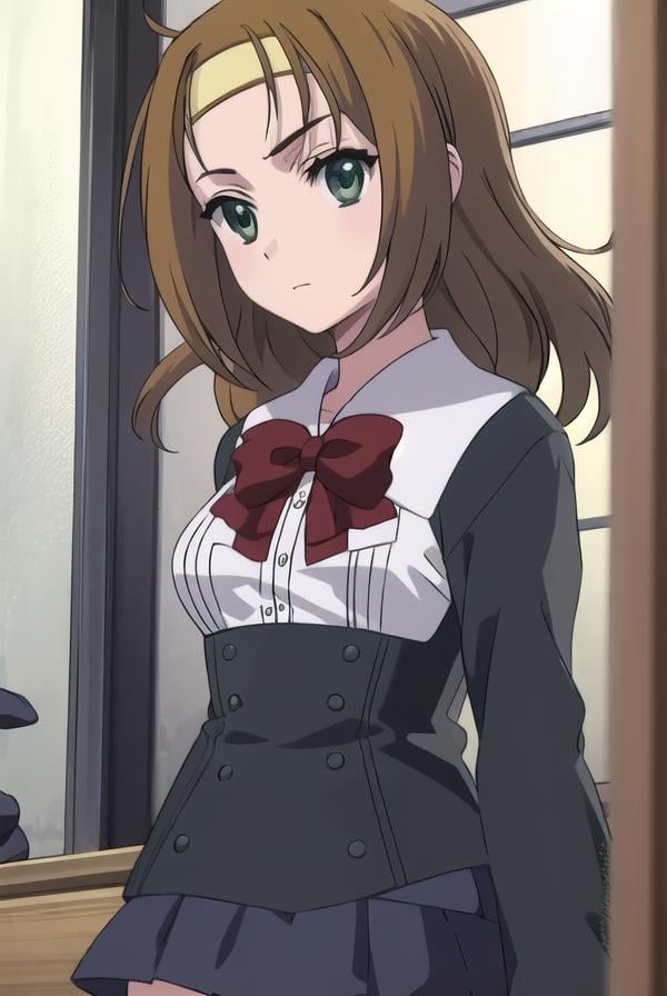 kumimori, <lora:kumi mori s1-lora-nochekaiser:1>,kumi mori, brown hair, hairband, (green eyes:1.5), medium hair,BREAK skirt, thighhighs, school uniform, shoes, black thighhighs, zettai ryouiki, bow, red bow,BREAK indoors, classroom,BREAK looking at viewer, (cowboy shot:1.5),BREAK <lyco:GoodHands-beta2:1>, (masterpiece:1.2), best quality, high resolution, unity 8k wallpaper, (illustration:0.8), (beautiful detailed eyes:1.6), extremely detailed face, perfect lighting, extremely detailed CG, (perfect hands, perfect anatomy),