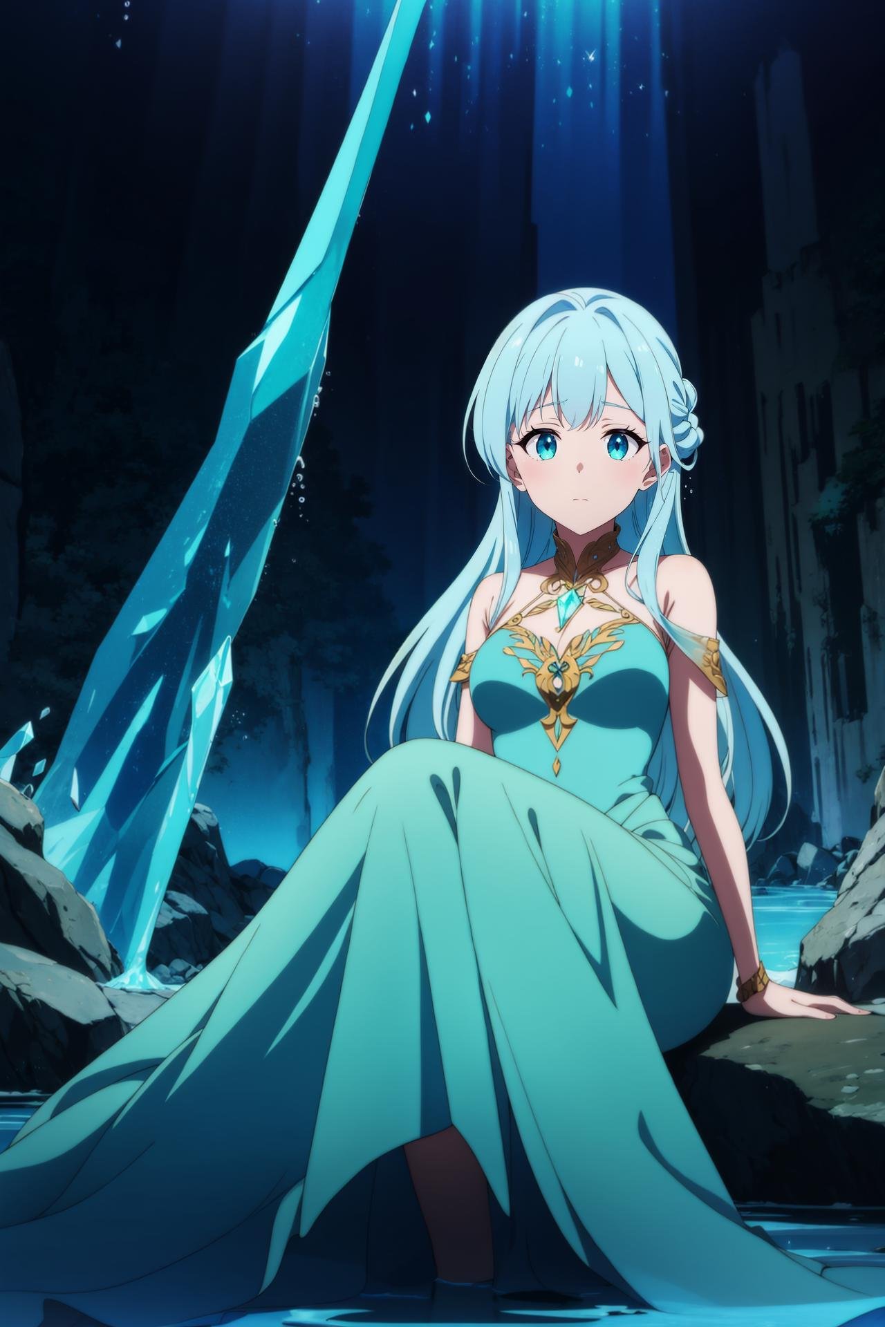 1girl,cave,crystal,crystal_cave,gem, frozen lake, underground,anime screencap, looking at viewer, dress,,stalactite,stalagmite,sitting,blue_hair,long_hair,upper body, breasts,water,vivid_colors,iridescent, emerald,ruby,sapphire, anime_coloring,anime_keyvisual, colorful,vivid<lora:envybetterhandsLocon_beta2:1>