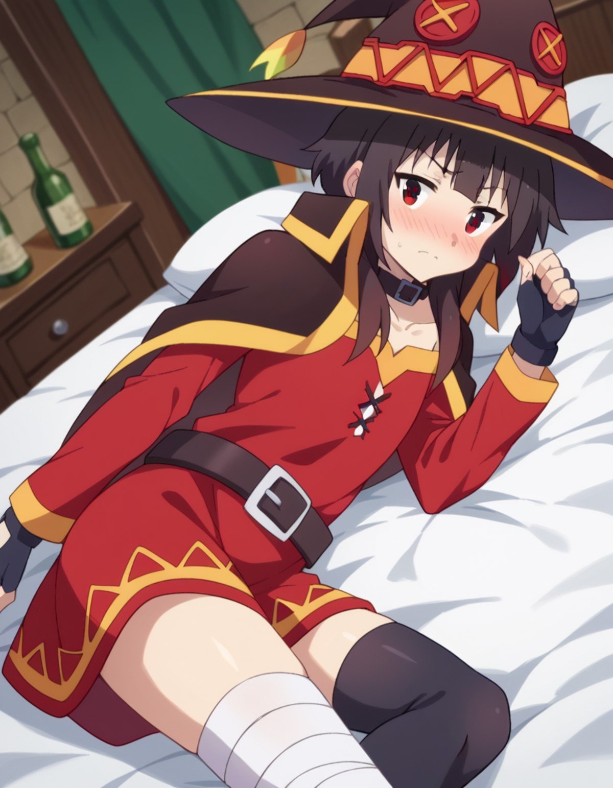 score_9, score_8_up, score_7_up, source_anime,konosubamegumin, <lora:konosuba-megumin-s2-ponyxl-lora-nochekaiser:1>,megumin, short hair, black hair, red eyes, short hair with long locks,thighhighs, gloves, hat, dress, black gloves, belt, black thighhighs, fingerless gloves, cape, collar, witch hat, bandages, red dress, single thighhigh, asymmetrical legwear, bandaged leg,indoors, bed, bed room, on side, blush, drunk,looking at viewer, dutch angle, cowboy shot,