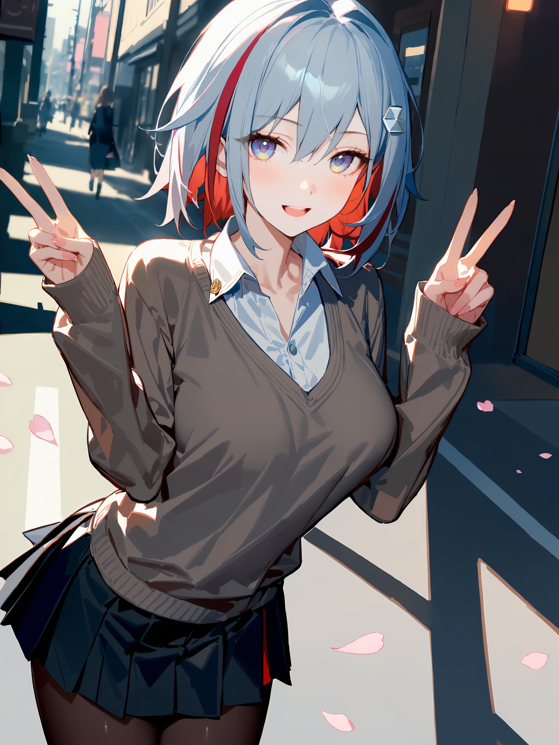 masterpiece, best quality, perfect features, intricate details, ray tracing, very aesthetic, (hitenkei, askzy:0.4), 1girl, topaz \(honkai: star rail\), solo, school uniform, white shirt, sweater, pleated skirt, pantyhose, light smile, double v, looking at viewer, smile, open mouth, outdoors, street, cherry blossoms, petals, depth of field  <lora:Char-HonkaiSR-Topaz-XL-V1:0.8>