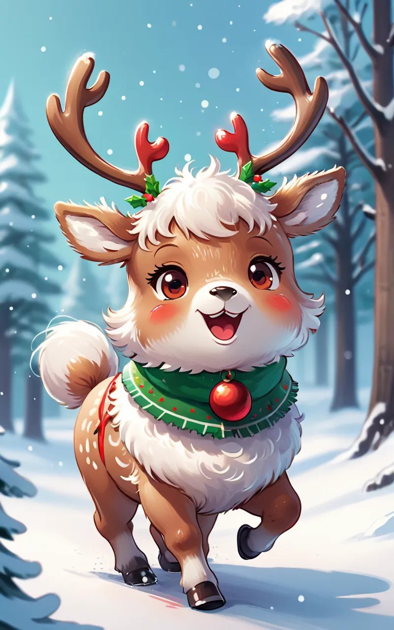 Illustration of a kawaii Christmas reindeer with a fluffy, soft appearance, adorned with a festive red and green collar, and a joyful expression as it prances through a snowy winter wonderland