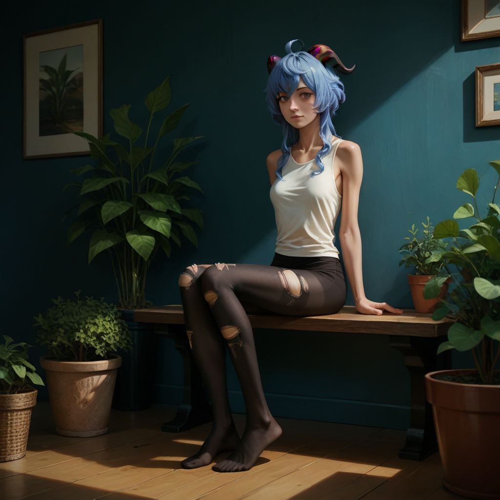 score_9, score_8_up, score_7_up, score_6_up, source_anime, masterpiece, newest,Highly detailed, 1girl, slender, innocent, sitting, arms at sides, ganyu, blue hair, horns, casual clothes, realistic, long legs, potted plants, ripped pantyhose