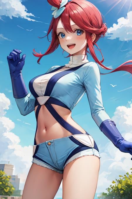 skyla, 1girl,solo, blue gloves, turtleneck, short shorts, crop top, blue shirt,smile, happy, open mouth, sky, cowboy shot, outdoors<lora:skyla_pokemon:1> 