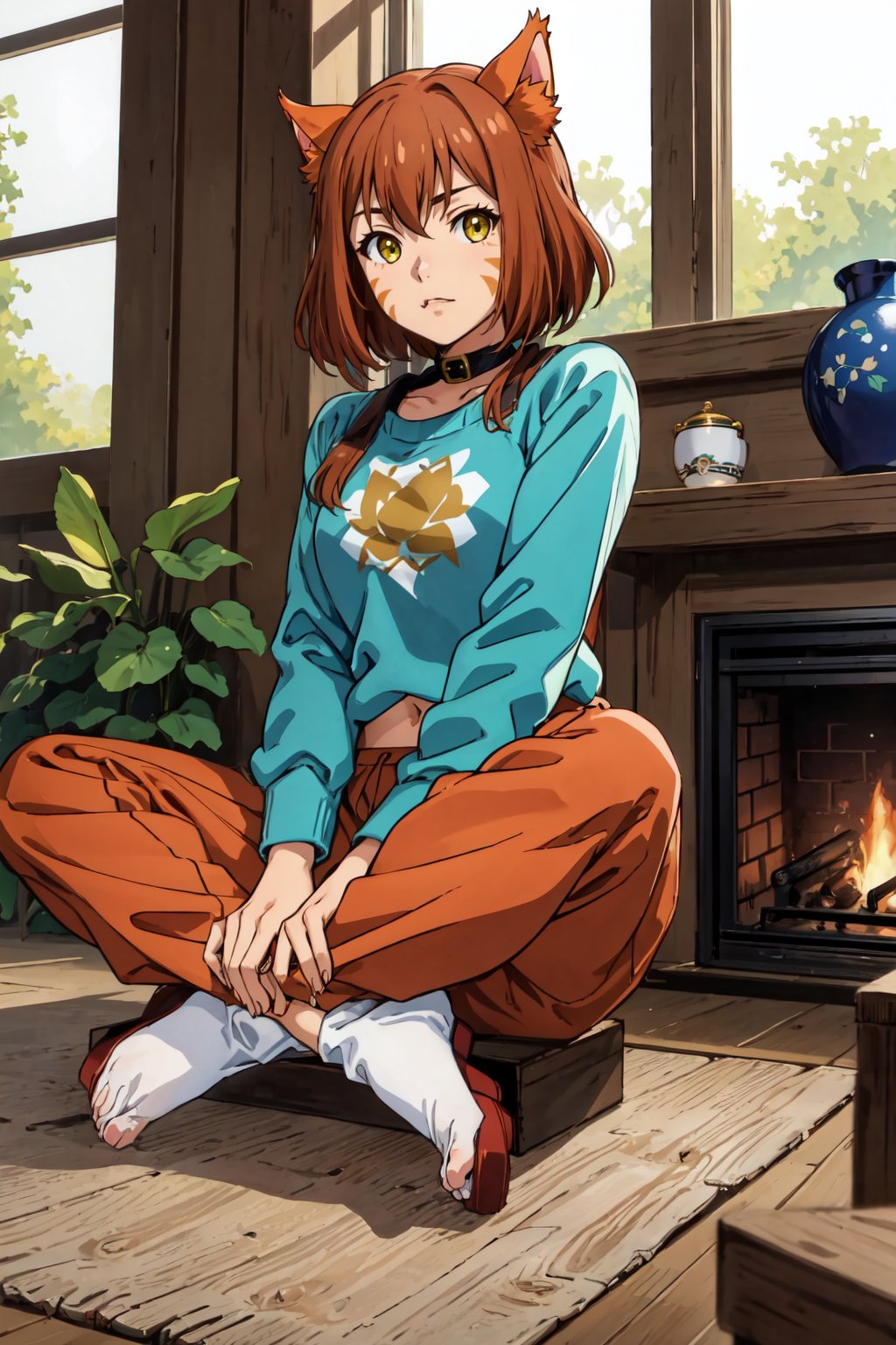 masterpiece, best quality, <lora:miyacatt-nvwls-v1-000010:0.8> 1girl, solo, miya, cat ears, whisker markings, collar, blue sweater, looking at viewer, sweatpants, sitting, on ground, lotus position, fireplace