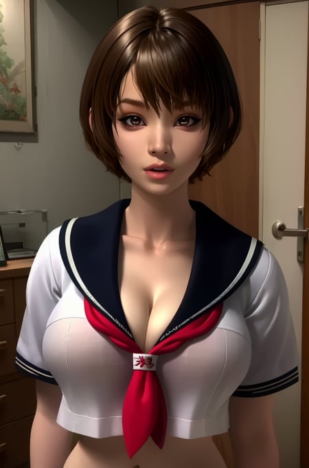 Yuika,brown hair,brown eyes,short hair,lips,school uniform,cleavage,midriff,standing,upper body,indoors,japanese home,(insanely detailed, beautiful detailed face, masterpiece, best quality),solo,<lora:YUIKA:0.8>,