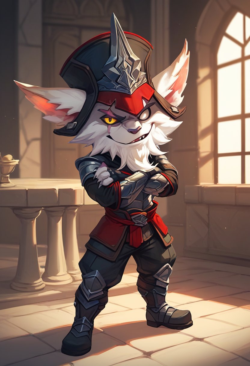 score_9, score_8_up, score_7_up, score_6_up, kl3d, 1boy, yordle, male focus, yellow eyes, white eye,scar across eye, one-eyed, facial hair, beard,  hat, black headwear, ears through headwear, armor, gloves, fingerless gloves, pants, boots , <lora:Kled_Default_v1:0.7>, castle, indoors, (raised eyebrow), crossed arms