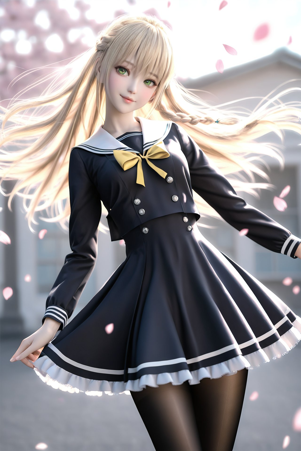 (masterpiece),(best quality),illustration,ultra detailed,hdr,Depth of field,(colorful),1girl, solo, long hair, pantyhose, green eyes, looking at viewer, blonde hair, very long hair, long sleeves, black pantyhose, blush, sailor collar, dress, frills, hair between eyes, petals, smile, ribbon, closed mouth, head tilt, blurry, school uniform, frilled dress, floating hair, cowboy shot, standing, neck ribbon, braid, puffy sleeves, bow, yellow ribbon