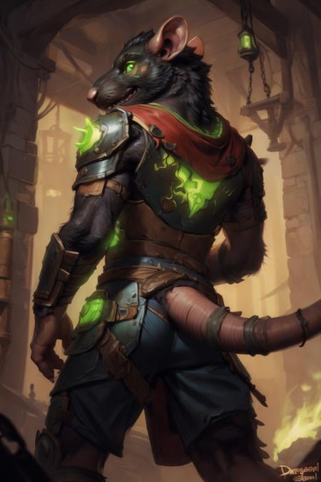 by personalami, by zephyxus, by darkgem, by null-ghost, male, solo, anthro, rat, rodent, skaven, facial scar, fluffy, safe, clothed, fully clothed, presenting hindquarters, rat tail, hairy, glowing, radioactive, (green glow, armor), spikes, machine, warhammer fantasy, vermintide, rear view, black body:1.3,