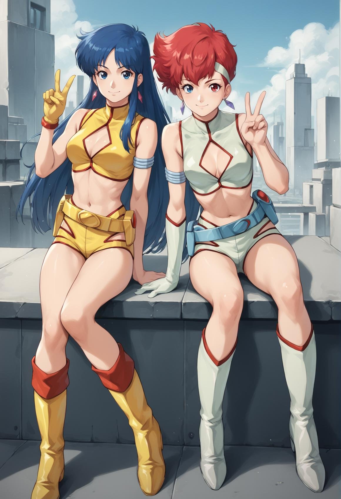 2girls, kei, dark skin, short hair, red hair, red eyes, hairband, earrings, jewelry, grey top crop, clothing cutout, single glove, wristband, armband, grey shorts, belt, Thigh Boots, grey footwear, dpyuri, pale skin, long hair, blue hair, blue eyes, yellow top crop, clothing cutout, yellow shorts, Boots, yellow footwear, smile, v, looking at viewer, outdoors, city, science fiction,  <lora:Dirty_Pair_XL:1>, score_9, score_8_up, score_7_up, score_6_up, score_5_up, score_4_up, BREAK source_anime, masterpiece