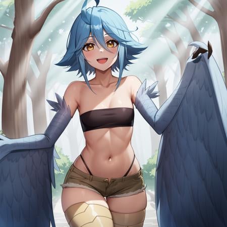 best quality, 4k, ((masterpiece)), extremely detailed, 8k, trending on ArtStation, Intricate, High Detail, Sharp focus, <lora:Papi:1>1girl, ahoge, wings, monster girl, winged arms, solo, harpy, blue hair, blue wings, shorts, feathered wings, open mouth, feathers, talons, forest, small breasts, short shorts, yellow eyes,cowboy shot, smile, bandeau, short hair,scales, bird legs, looking at viewer,navel, narrow waist, 