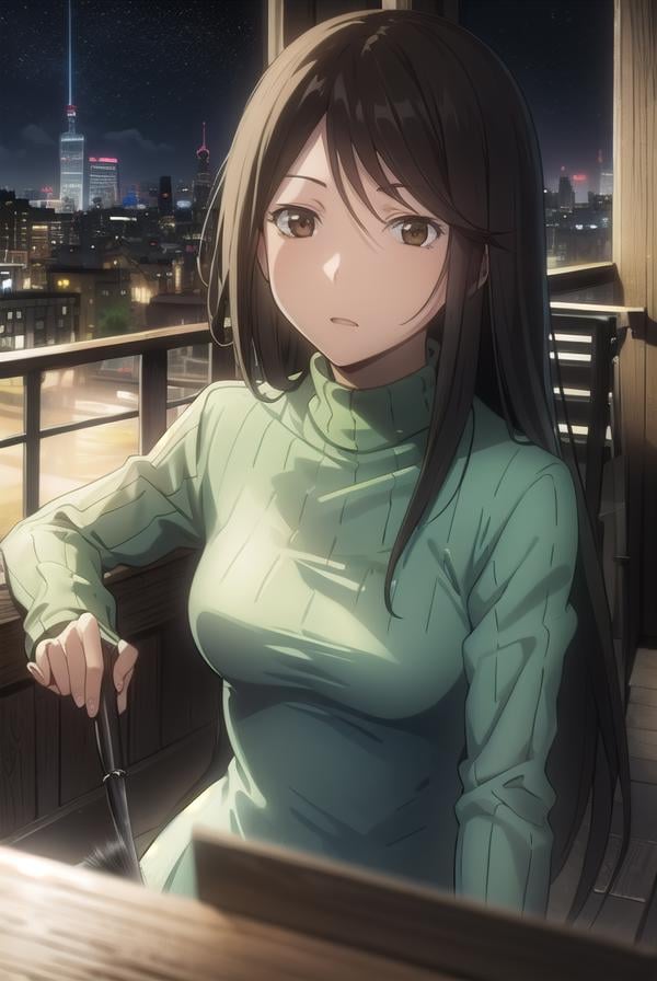 namieyagiri, <lora:namie yagiri s1-lora-nochekaiser:1>,namie yagiri, long hair, black hair, (brown eyes:1.3), (swept bangs:1.5),BREAK sweater, turtleneck, green sweater,BREAK outdoors, city, night, sky, starry sky, moon,BREAK looking at viewer, (cowboy shot:1.5),BREAK <lyco:GoodHands-beta2:1>, (masterpiece:1.2), best quality, high resolution, unity 8k wallpaper, (illustration:0.8), (beautiful detailed eyes:1.6), extremely detailed face, perfect lighting, extremely detailed CG, (perfect hands, perfect anatomy),