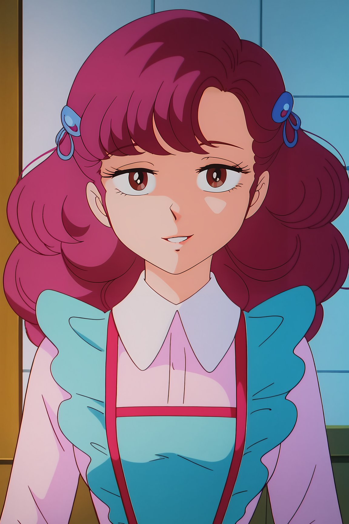 score_9, score_8_up, score_7_up, score_6_up, BREAK, RanUYXL, retro artstyle, brown eyes, pink hair, long hair, bangs, hair ornament, small breasts, white shirt collar, pink dress, long sleeves, aqua apron, solo, front view, (portrait, upper body), seductive smile, looking at viewer, indoors <lora:RanUYXL:1>