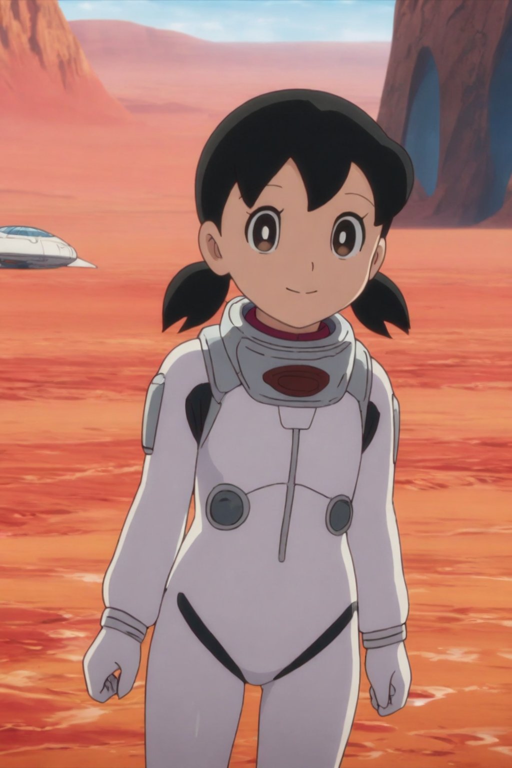 minamoto shizuka,cowboy shot, 1girl, solo, smile, Girl in a spacesuit stepping onto the surface of Mars, Earth visible in the distance, vast red landscape, futuristic colony in the background, sense of wonder and exploration, epic sci-fi scene, hyper-realistic detail, child,masterpiece, perfect face, best quality, beautiful eyes, shiny eyes, anime coloring, anime screencap, absurdres, award winning,  <lora:minamoto shizuka ghostb 906:0.8>