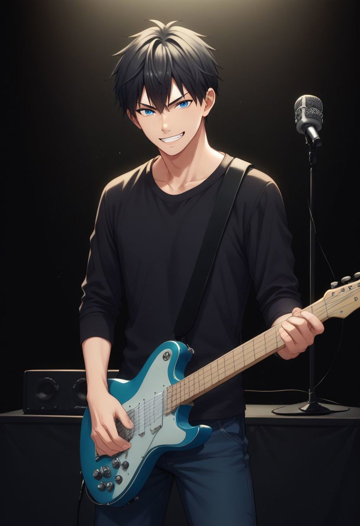 score_9, score_8_up, score_7_up, source_anime, highly detailed, skinny, short neck,ueno, male focus, 1boy, instrument, guitar, solo, plectrum, black hair, blue eyes, pants, music, shirt, microphone stand, electric guitar, playing instrument, black shirt, grin,indoor, stage,