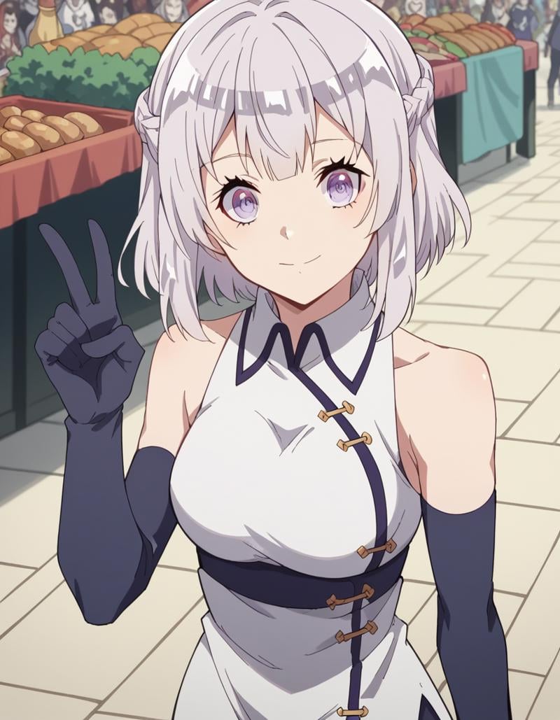 score_9, score_8_up, score_7_up, source_anime, <lora:farming-isekai-hakuren-s1-ponyxl-lora-nochekaiser:1>, hakuren, short hair, purple eyes, braid, grey hair,, gloves, bare shoulders, sleeveless, black gloves, elbow gloves, chinese clothes,, street market, vendor, street food, bustling crowd, local flavor, vibrant, , looking at viewer, hand making a peace sign, solo,, cowboy shot, dutch angle