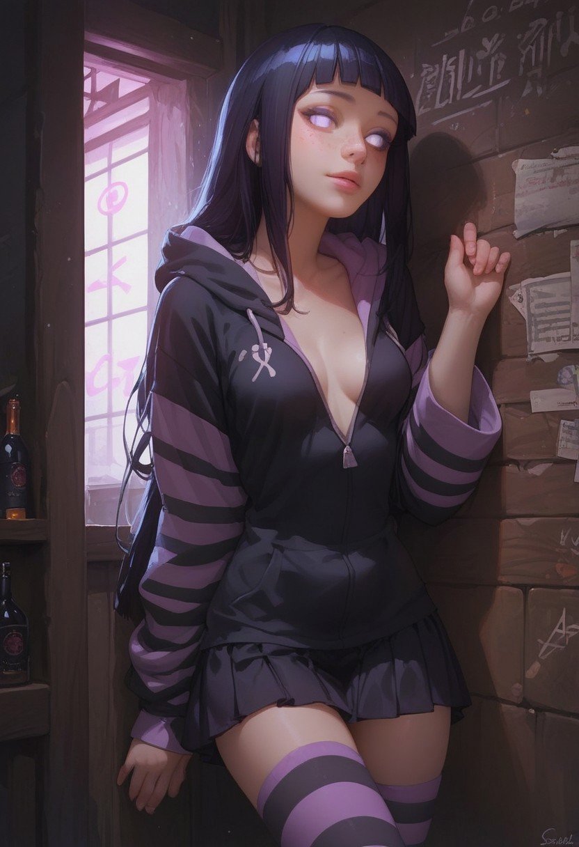 (score_9, score_8_up, score_7_up), 1girl, hyuuga hinata, purple eyes, white eyes, blunt bangs, black hair, hime cut, 20 year old, long black hair, perky breasts, cleavage, pretty face, looking at viewer, light freckles, oversized hoodie, black skirt, striped thigh-high socks, gothic boots, leaning on wall, detailed background, inside, bar, hidden area, volumetric lighting, vivid colors,  g0thicPXL, glowing, neon, portrait shot, face focus,