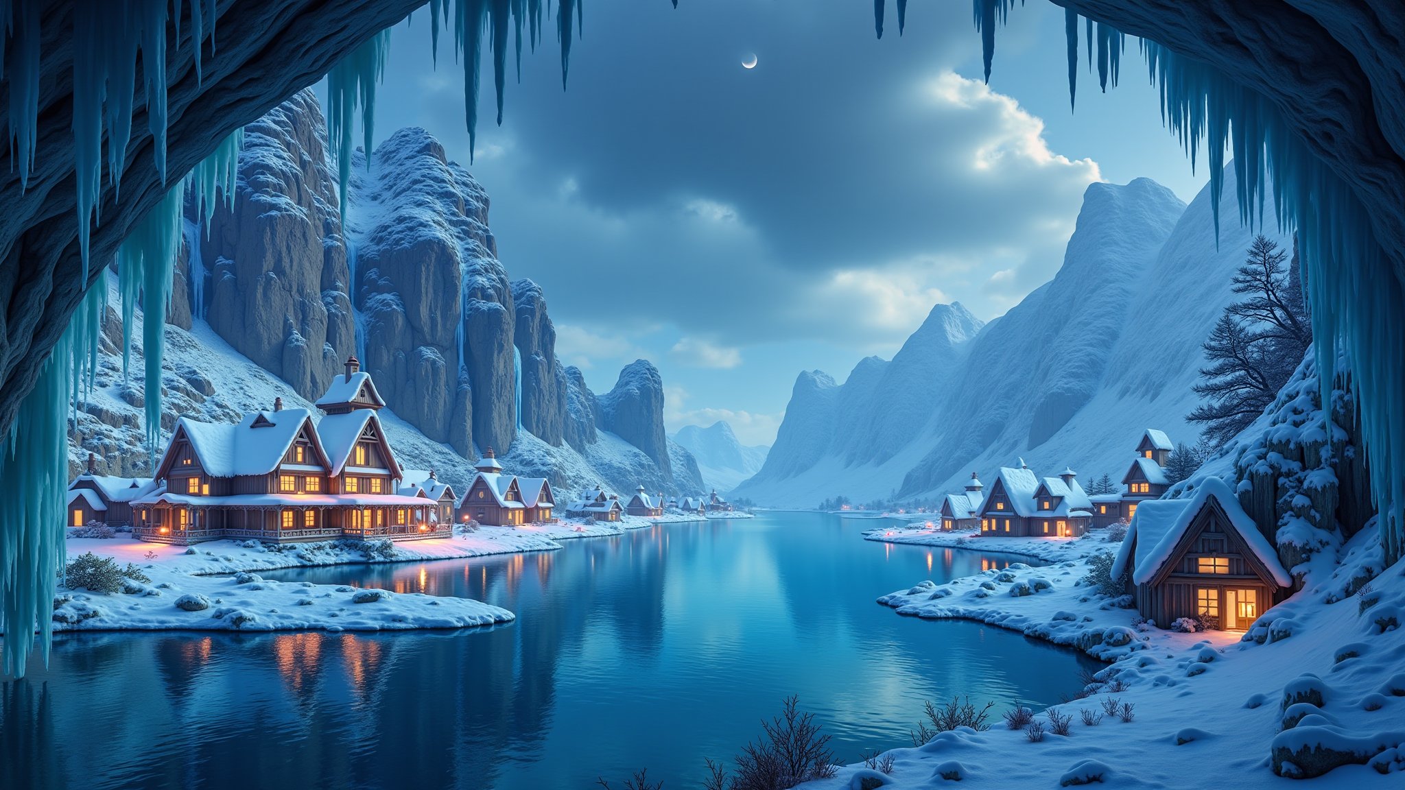 a legendary Ice Village made completely of Ice, Houses, intricate details, masterpiece, best quality, colourful, waterfalls, Lake, Inside Caves, in night, Epic, Painstaking Attention to Details, (Framed 3D, Ice), UHD