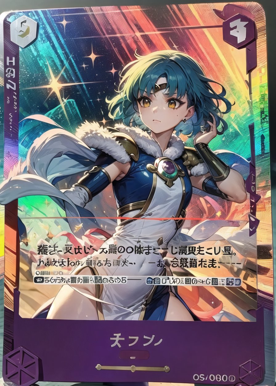 (Masterpiece, best quality:1.4), insaneres, top quality, 8k resolution, card_(/medium), holofoil, diffraction, border, 1girl, (shiny:1.3), beautiful, warrior, water, sad, ethereal, closed mouth, blue hair, armor, armored dress, charging, looking at viewer, (stats:1.3), numbered, kanji, fur-trimmed jacket, japanese text, motion blur, bokeh, deep depth of field, volumetric lighting, (shimmer,glitter:1.3), expressive, traditional media, colorful, vivid, card, outside border, border, reflective surface, yellow eyes, <lora:HOLOFOIL-20:1.2>,  <lora:Magic_Knight_Rayearth:0.6>, magic, Rayearth