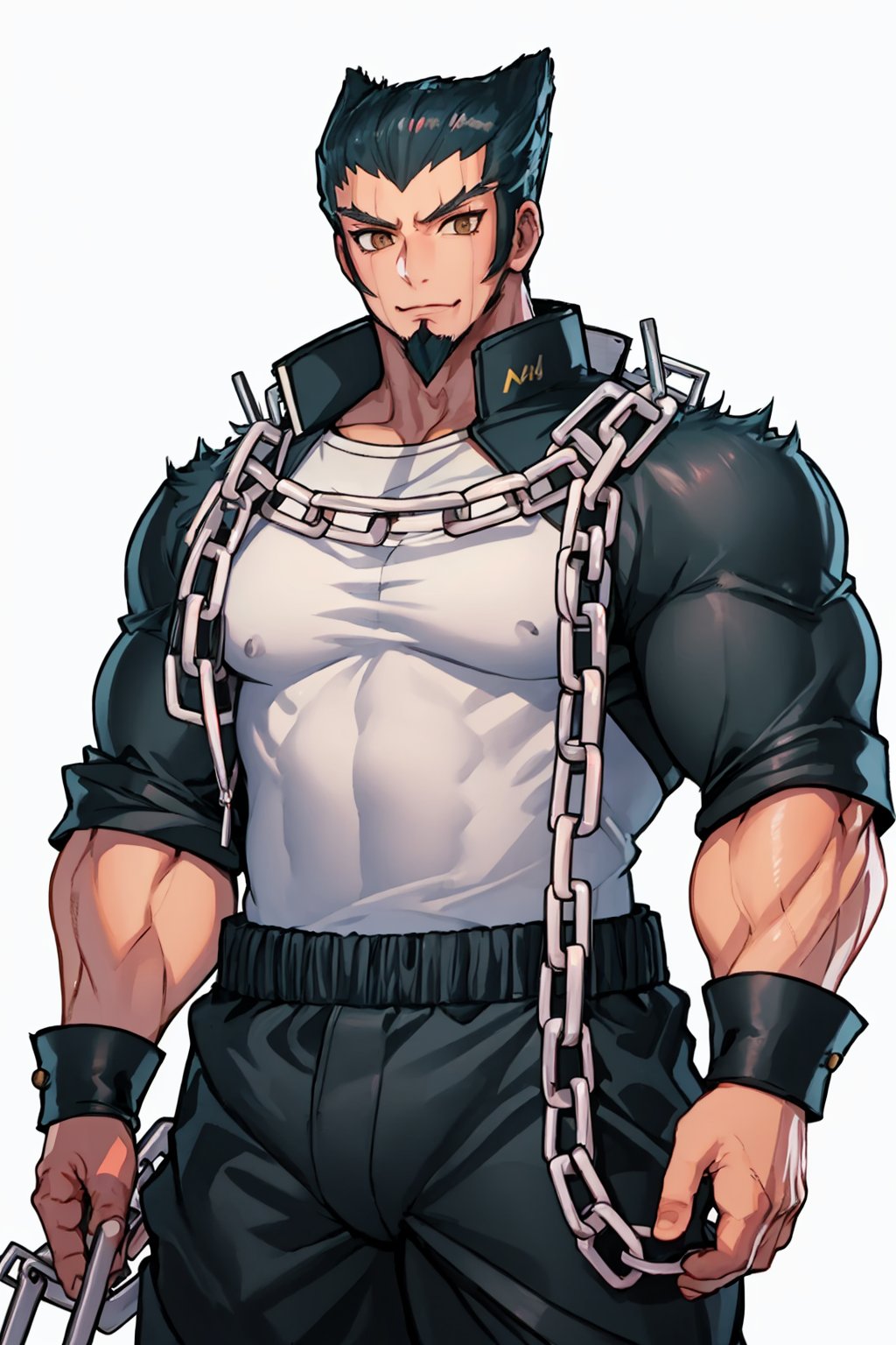 masterpiece,best quality, highly detailed, nidai nekomaru,1boy,solo,chain,goatee,looking at viewer,muscular male,bara,thick thighs,mature male,large pectorals<lora:nidai_nekomaru:1>,simple background,white background