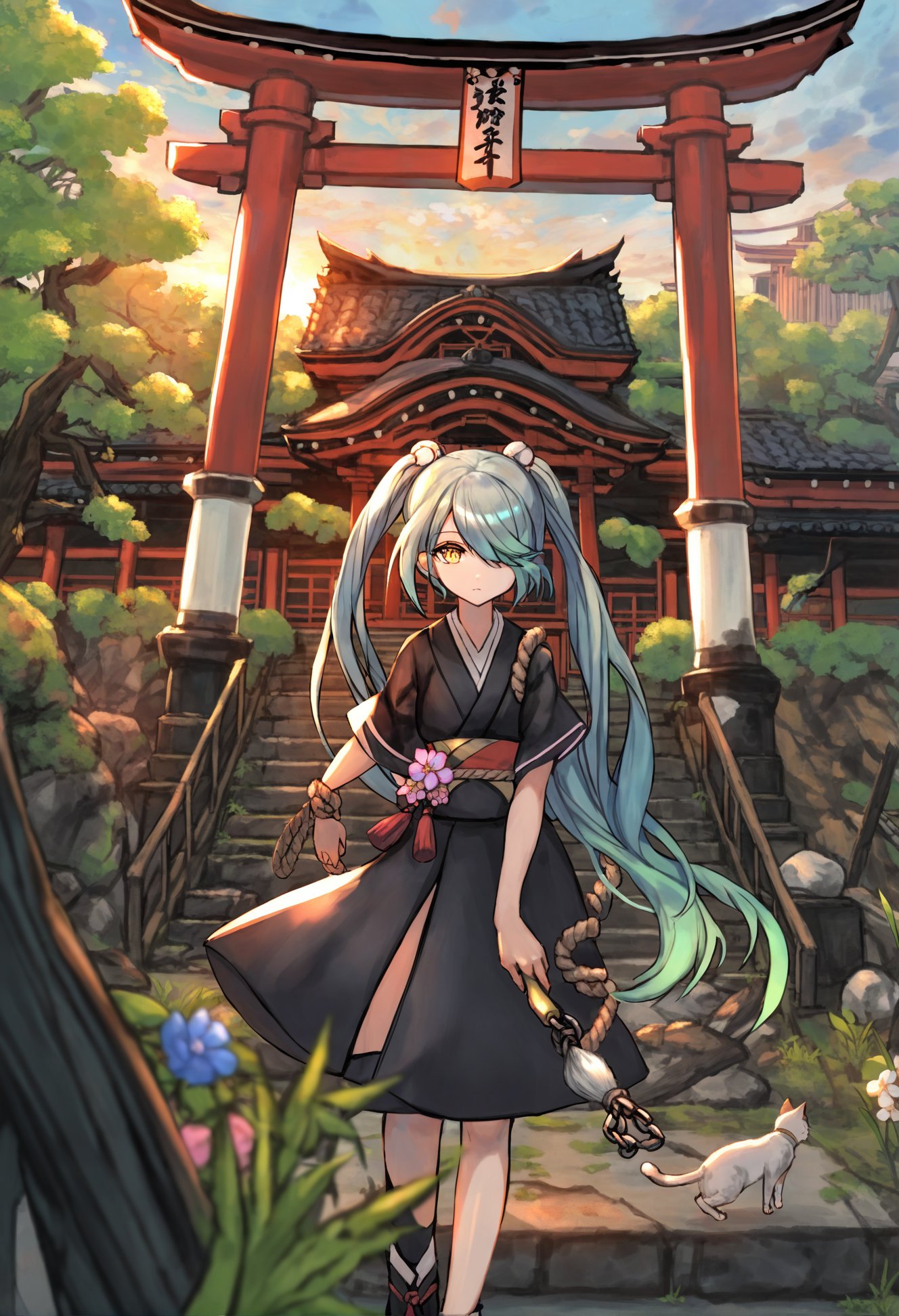 masterpiece, best quality,1girl,   solo, black background, looking at viewer, flower, yellow eyes, dress, chain, multicolored hair, one eye covered, floating hair, closed mouth, blue hair, outdoors, torii, tree, scenery, cat, shrine, sunlight, day, leaf, stairs, animal, nature, shimenawa, multiple torii, rope, ruins, ground vehicle, scenery, outdoors, car, motor vehicle, sky, cloud, overgrown, tree, building, sunset, grass, post-apocalypse, plant, broken window, power lines, blurry foreground, blurry, cloudy sky, depth of field, evening, utility pole, brush stroke, black dress, twintails, colored tips, crack, blue flower, standing, arm support, green hair, no pedestrian \(newtype guy\), grass skess, very long hair, gradient hair, no headwear, aqua hair, hair tubes, pink flower, long hair, hanging light, white flower <lora:さばみそ太郎XLlokr8f-000097:0.95>