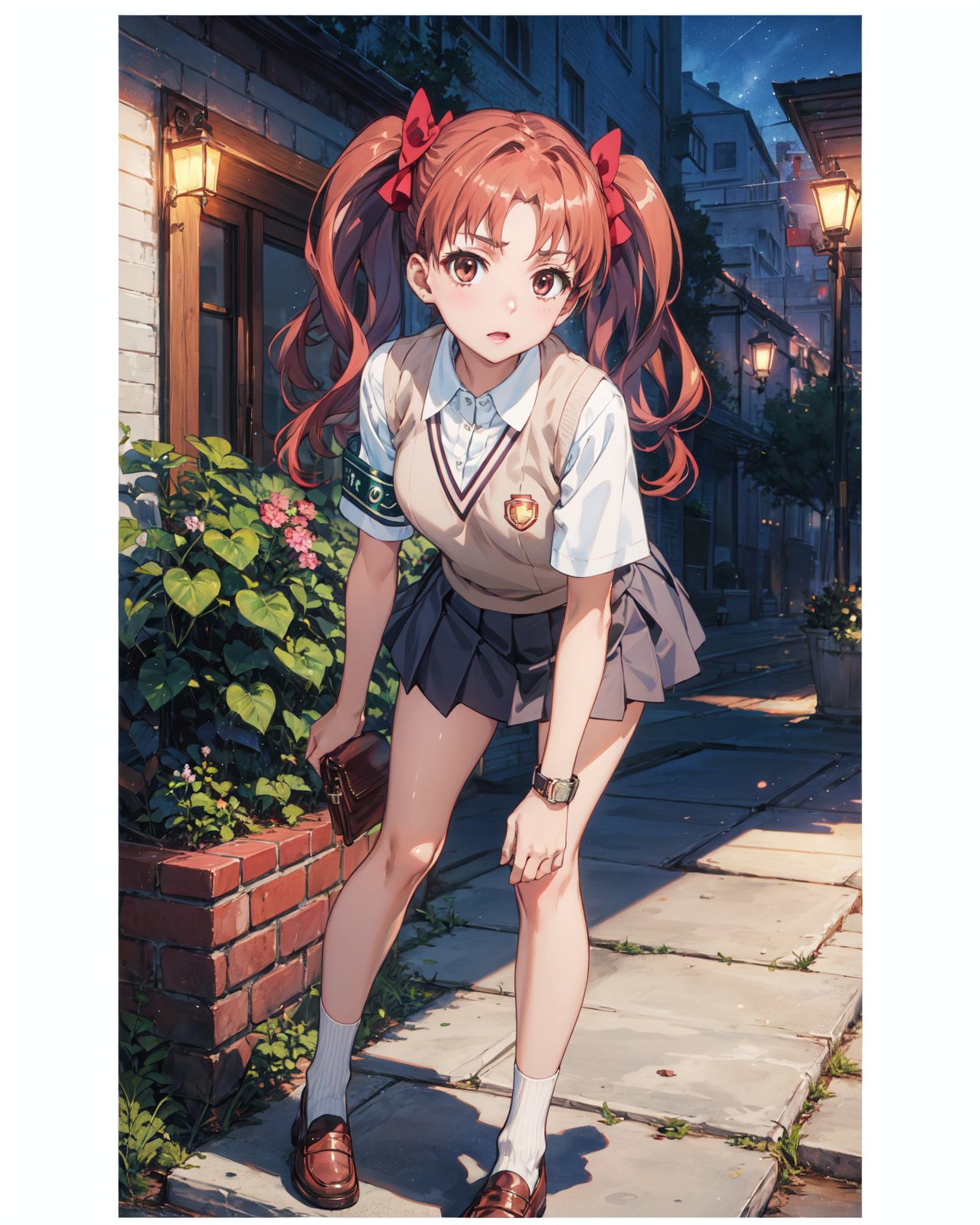 <lora:Kuroko-000003:0.8>,Kuroko CYQL,1girl,looking at viewer,solo,long hair,twintails,brown hair,brown eyes,bow,hair bow,wavy hair,school uniform,sweater vest,summer uniform,armband,skirt,shirt,green armband,pleated skirt,white shirt,v-neck,grey skirt,standing,collared shirt,socks,loafers,(Tsundere:1.2),beautiful face,beautiful eyes,glossy skin,shiny skin,(panorama,foreshortening,leaning forward:1.2),shushing,Meditation cushion, Yoga mat, Incense burner, Relaxing music, Plants,Camellias,beautiful detailed sky,beautiful detailed glow,(English text:1.3),(border:1.5),posing in front of a colorful and dynamic background,(masterpiece, best quality, beautiful and aesthetic:1.3),contrapposto,female focus,fine fabric emphasis,wallpaper,fashion,Lipstick,depth of field,intricate_detail,finely_detailed,fine_fabric_emphasis,(glossy),<lora:增强减少细节add_detail:0.4>,