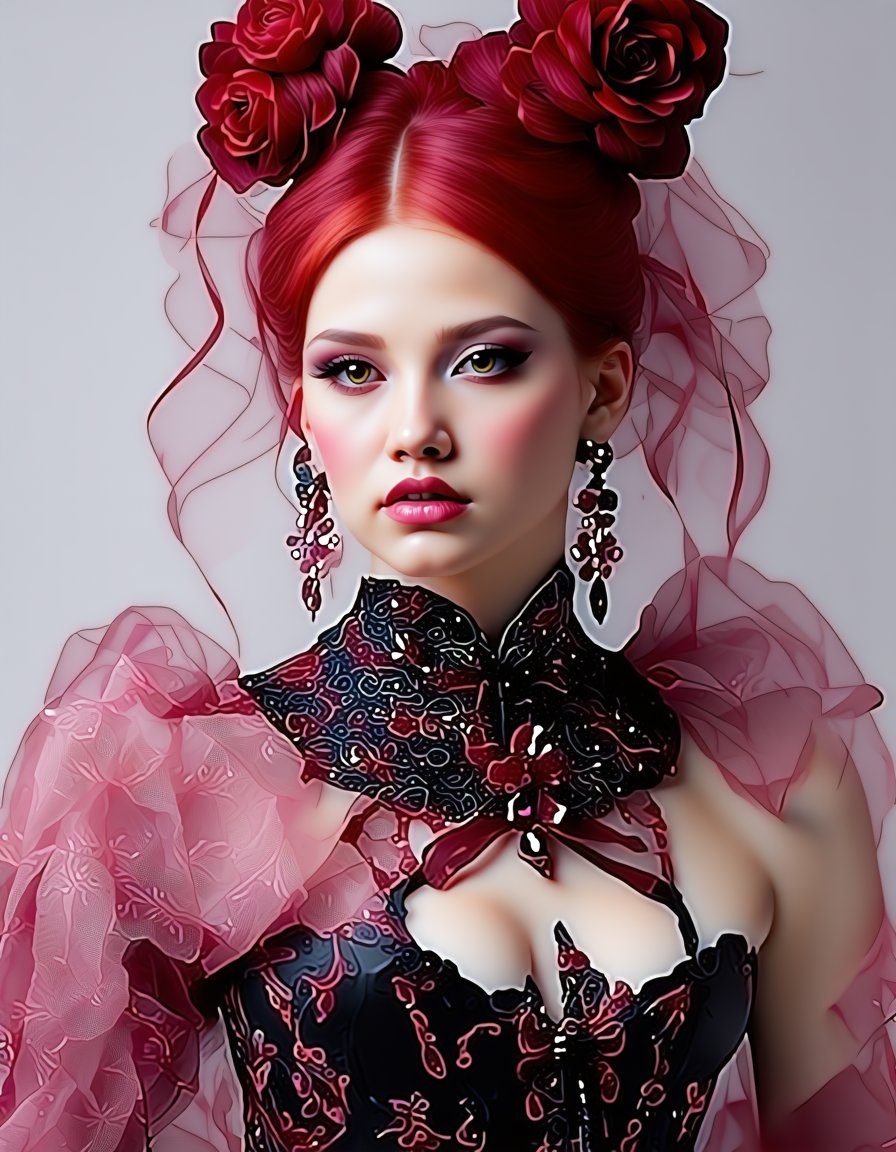 best quality, 4K, 8K, high-resolution, masterpiece, ultra-detailed, photorealistic,  a beautiful red haired woman in a gothic dress and corsets posing for the camera, woman, looking at viewer, hair ornament, white background, dress, bow, jewelry, upper body, flower, earrings, choker, hair flower, hair bun, mole, double bun, makeup, freckles, realistic,