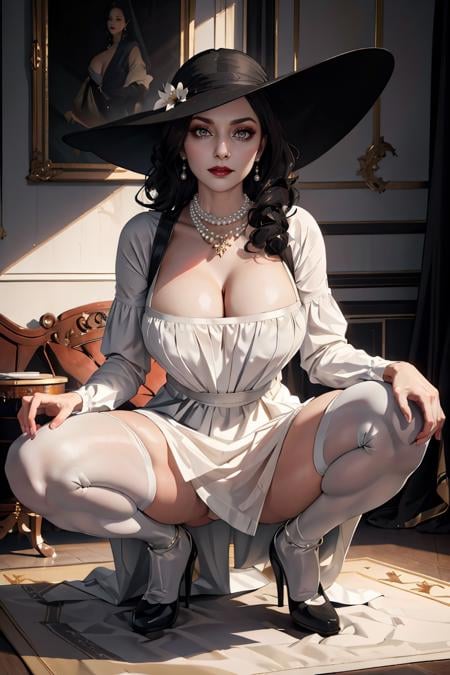 masterpiece, best quality, Ray tracing, hdr, volumetric lighting, <lora:LadyDimitrescu_ResidentEvil_FefaAIart:0.7>,ladyd,dimitrescu, huge breasts, (squatting down),(spread legs),black sun hat, white dress, pearl necklace, black flower,<lora:Downblouse_FefaAIart:0.7>,downblouse, extended downblouse,