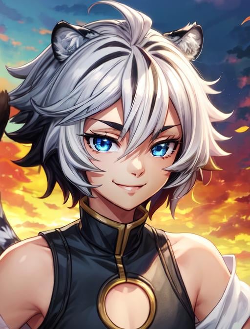 best quality, masterpiece, highres, detailed, digital illustration, <lora:Detail - add_detail:0.2>, FohlFayon, tiger boy, tiger tail, two-toned hair, white hair, black hair, tiger ears, jojo pose, <lora:Character - FohlFayon:0.8>, short hair, blue eyes, close-up, smile, 