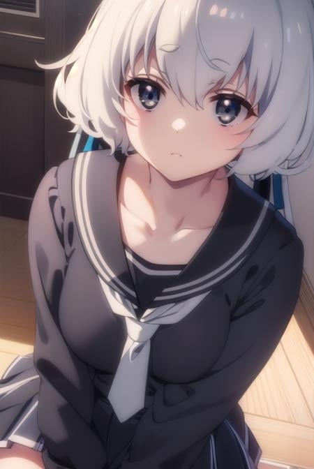 junkokonno, <lora:junko konno s2-lora-nochekaiser:1>,junko konno, low twintails, (black eyes:1.5), twintails, white hair,BREAK sailor dress, serafuku, skirt, school uniform, white necktie, necktie, long sleeves,BREAK looking at viewer, full body,BREAK indoors, classroom,BREAK <lyco:GoodHands-beta2:1>, (masterpiece:1.2), best quality, high resolution, unity 8k wallpaper, (illustration:0.8), (beautiful detailed eyes:1.6), extremely detailed face, perfect lighting, extremely detailed CG, (perfect hands, perfect anatomy),