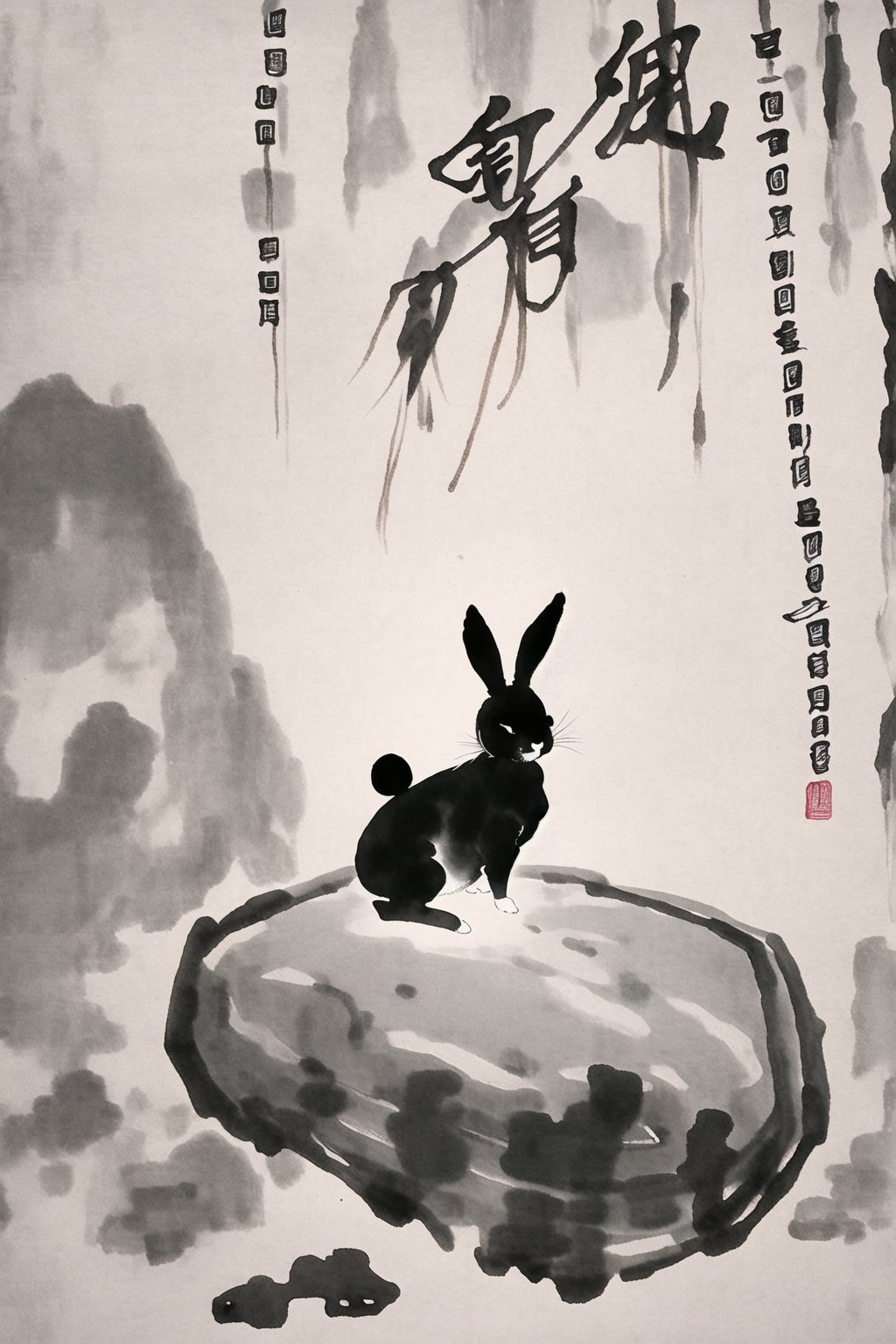 <lora:水墨元素:1>,chinese ink and wash painting,bunny,rock,