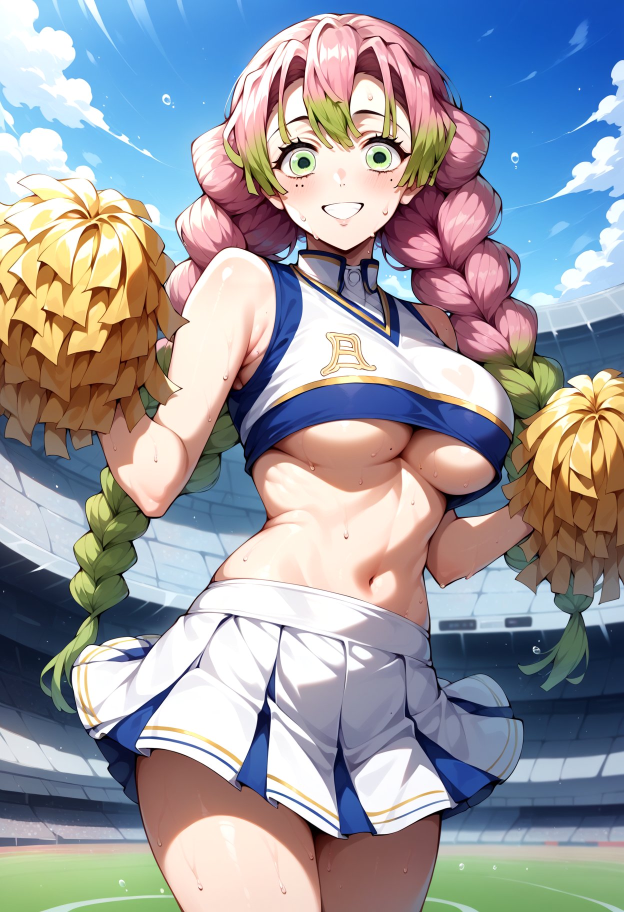 score_9, score_8_up, score_7_up, source_anime, aamitsuri, long hair, braid, multicolored hair, green eyes, mole under eye, large breasts, <lora:kanroji_mitsuri_ponyxl_v1:0.8>, cheerleader, pom pom \(cheerleading\), underboob, smile, standing, stadium, midriff, standing, cowboy shot, sweat