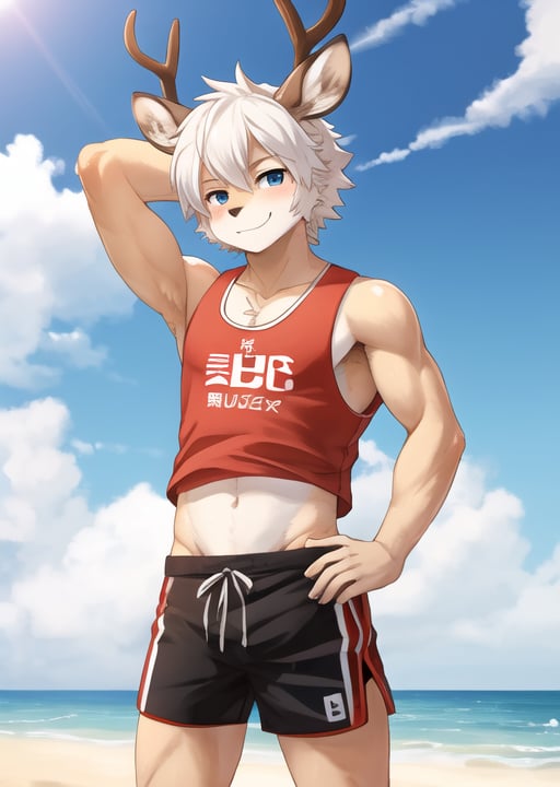 solo,kemono deer, short white hair, tank top, shorts, shirt, smirk, lifeguard, extreme detail, masterpiece, hi res, high detail, detailed eyes, detailed hands, full body picture, beach background