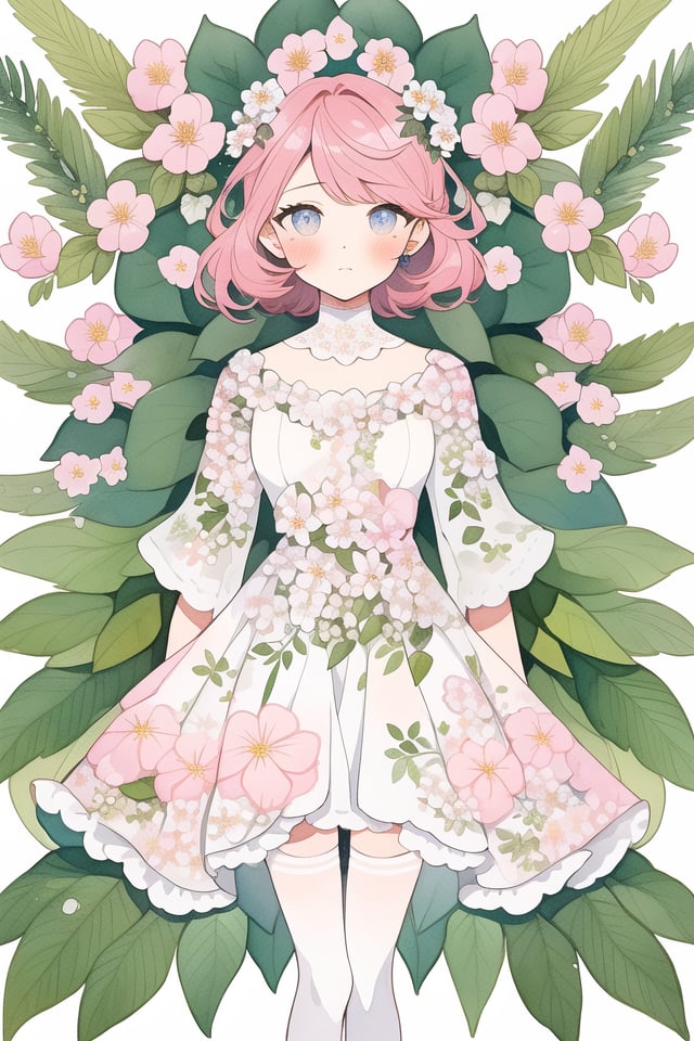 watercolor, masterpiece, best quality, extremely detailed, 1girl, full body, beautiful detailed eyes, cute anime face, full body, beautiful detailed face, pink hair, (Botanical illustration:1.5), white dress, white legwear