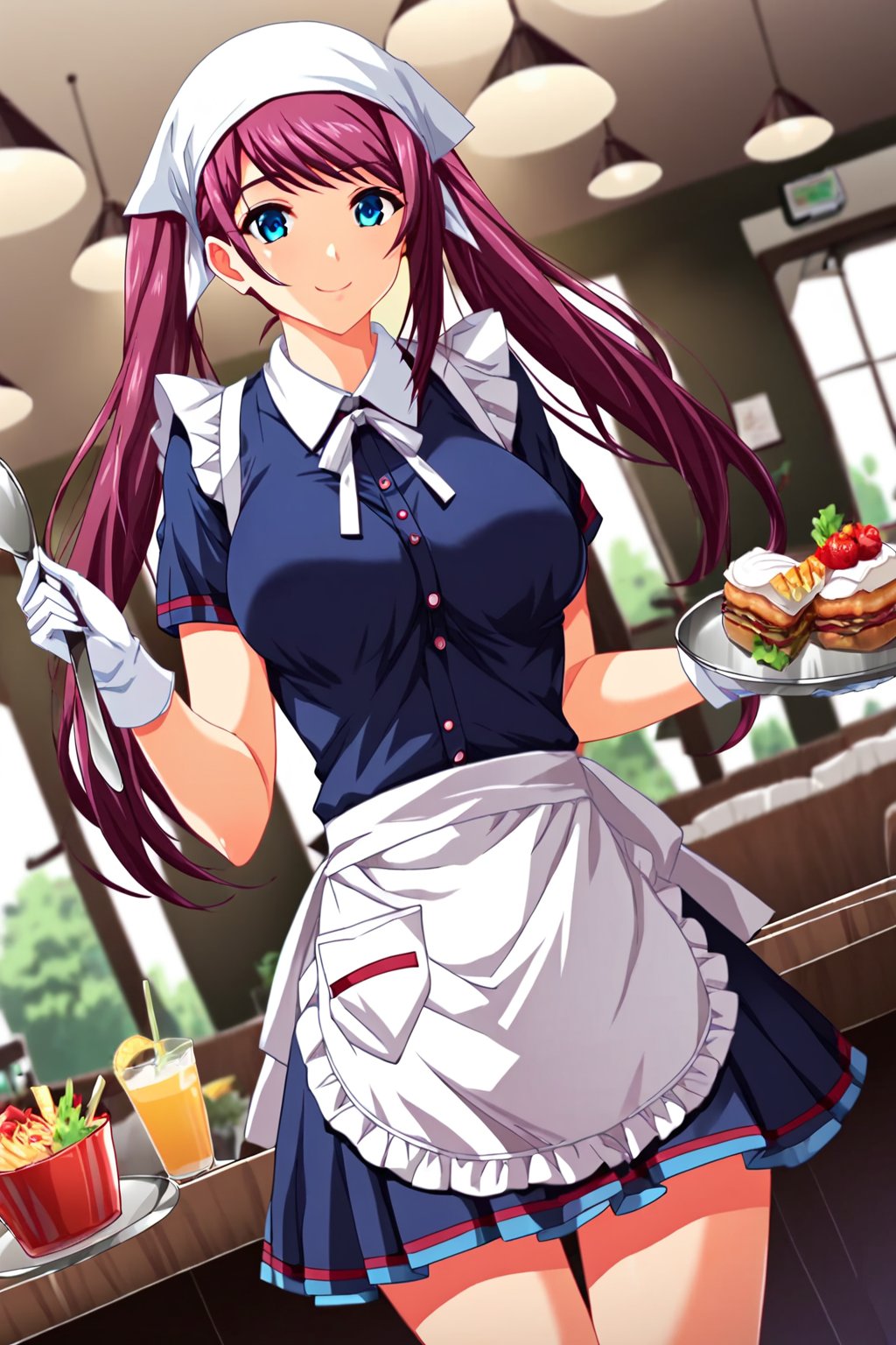 score_9, score_8_up, score_7_up, score_6_up, score_5_up, score_4_up, source_anime, nijigaya hisane, teen, teenager, long hair, large breasts, blue eyes, purple hair,twintails, smile, apron, blue shirt, blue skirt, frilled apron, frills, gloves, head scarf, shirt, short sleeves, skirt, uniform, waist apron, waitress, white apron, white gloves, food, tray, food tray, indoors, restaurant, looking at viewer, dutch angle, cowboy shot,masterpiece, perfect face, best quality, beautiful girl, (blurry background), cute girl, beautiful eyes, shiny eyes, absurdres, anime coloring, anime screencap, <lora:nijigaya hisane pony 802 3:1>