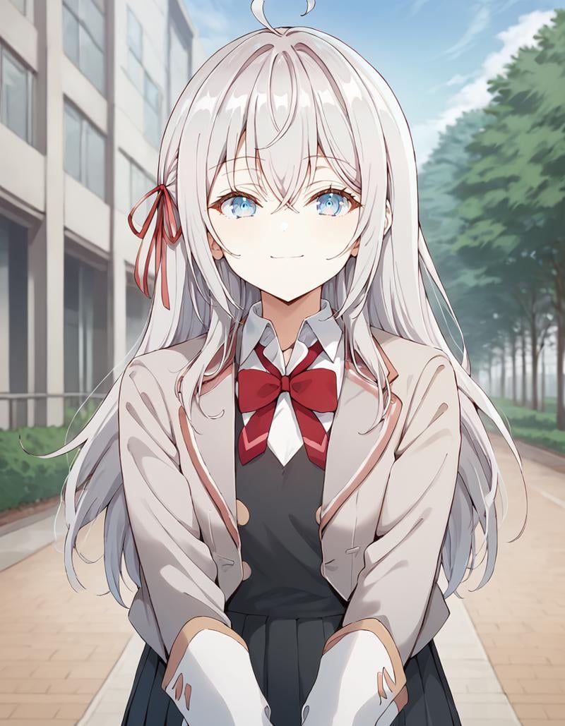 score_9, score_8_up, score_7_up, source_anime,1girl, looking at viewer, outdoors, school, cowboy shot, light smile,alya, long hair, silver hair, ahoge, crossed bangs, hair ribbon, red ribbon, sidelocks, blue eyes,school uniform, grey jacket, open jacket, long sleeves, white cuff, red bow, white shirt, collared shirt, black vest, buttons,<lora:alya_anime_v2-soralz:1>