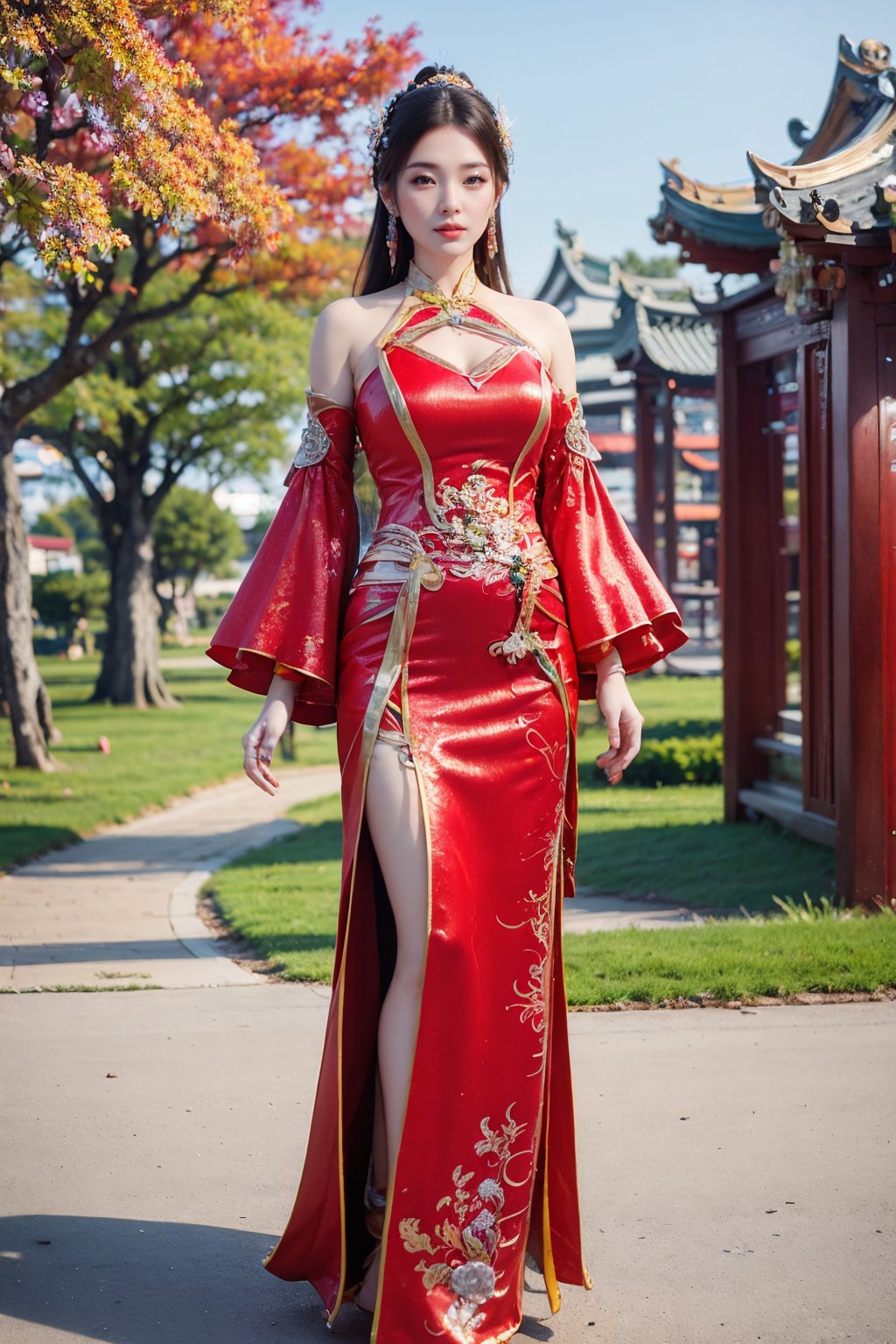 CAFC,1girl,solo,long hair,earrings,jewelry,hair accessories,full body,suburban scenery,east asian,chinese style architecture,