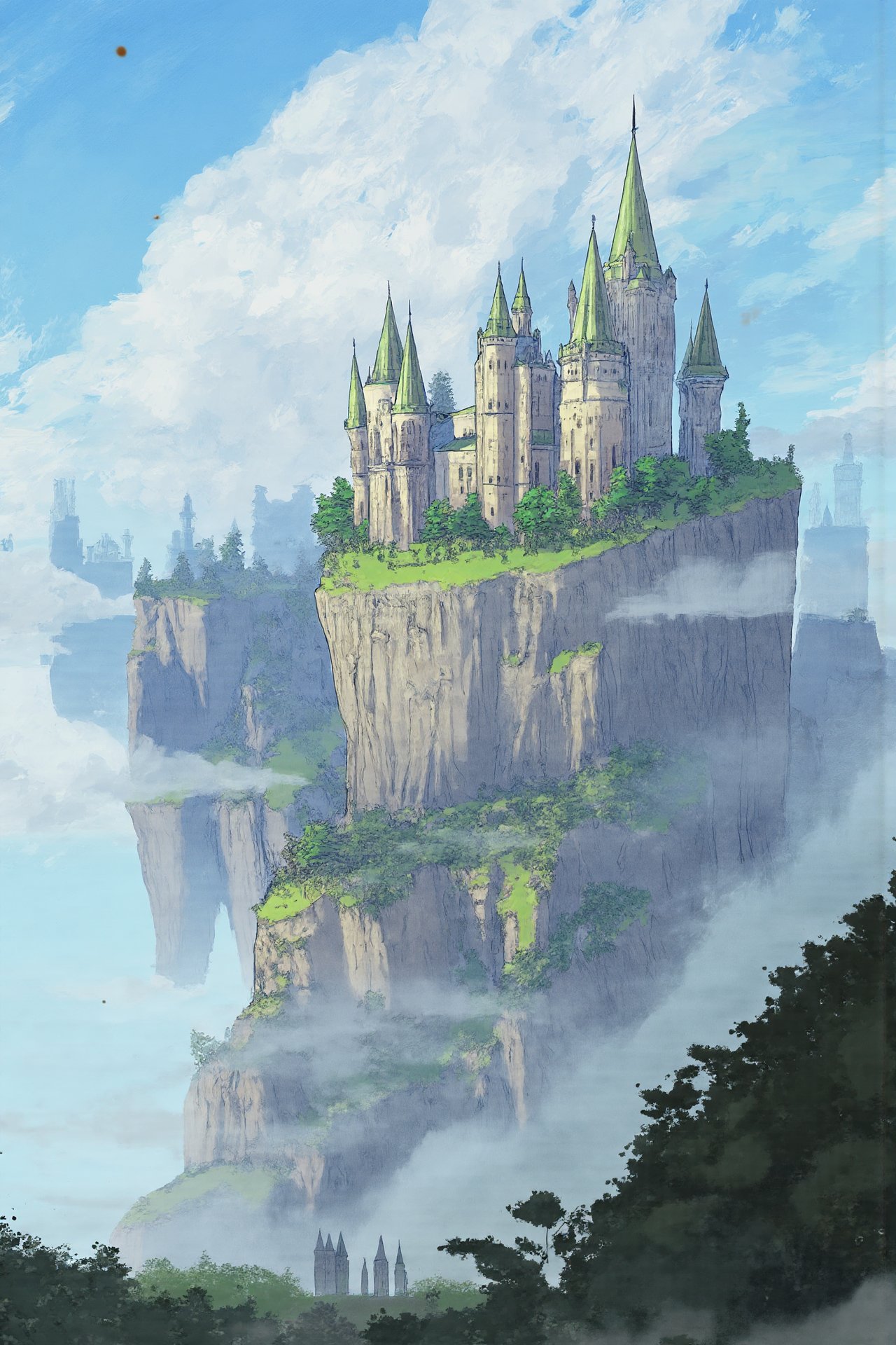 <lora:flux-shock-scenery:1>,The image is a digital illustration of a fantasy landscape with a castle perched on top of a cliff. The castle is made up of multiple towers and spires, with intricate details and patterns. The cliff is covered in greenery, with trees and bushes on either side. The sky is a pale blue with white clouds scattered across it. The overall mood of the image is peaceful and serene, with a sense of adventure and wonder. The image has a dreamlike quality, with the castle appearing to be floating above the cliff and the surrounding landscape.