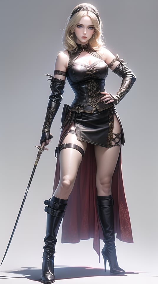 (best quality), ((masterpiece)), (highres), illustration, original, extremely detailed, 1girl, weapon, solo, bow \(weapon\), breasts, blonde hair, high heels, boots, blue eyes, white background, high heel boots, full body, cleavage, gloves, hand on hip, simple background, hairband, quiver, long hair, looking at viewer, bare shoulders, standing, choker, holding, skirt, holding weapon, large breasts, arrow \(projectile\), gauntlets, thigh strap, medium breasts