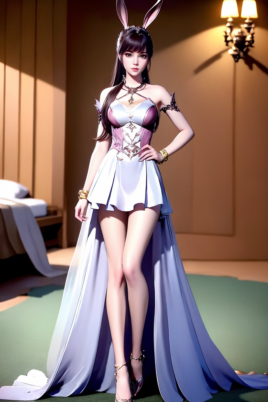 1girl, animal ears, rabbit ears, hand on own hip, solo, full body, dress, long hair, white dress, bare legs, looking at viewer, ponytail, jewelry, hair ornament, high heels, black hair, closed mouth, breasts, metal collar, brown hair, collar, realistic, pink dress, blurry background, bed, pantyhose, blurry, medium breasts, standing, bare shoulders, light, bracelet, legs