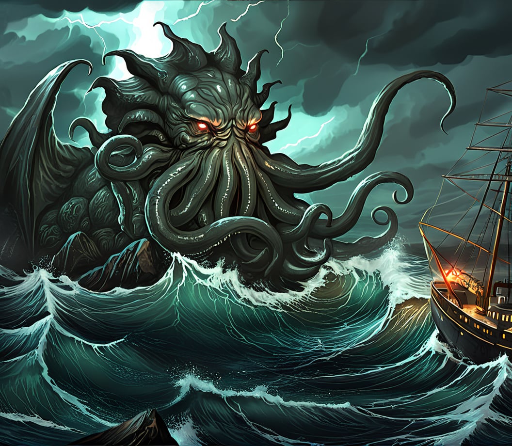 Cthulhu terror,kraken,mythical creature,sea monster,ocean storm,shipwreck,dark color palette,fantastical art,digital painting,tumultuous waves,lightning,tentacles,dramatic scene,rocks,ship,ominous atmosphere,cinematic composition,fantasy genre,large scale creature,marine setting,turbulent weather,nautical disaster,eerie mood,dynamic lighting,high detail illustration,art.,cthulhu mythos,lovecraftian horror,<lora:kesulu-10:0.6>,