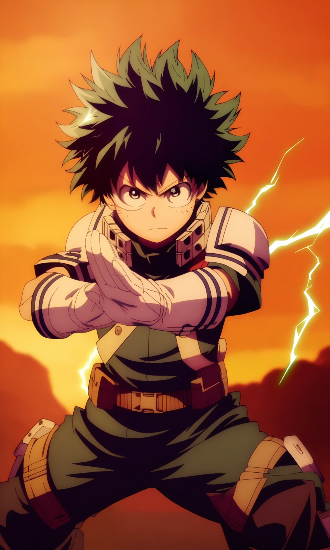 (masterpiece), (best quality), (intricate details, very aesthetic), good hands, <lora:Anime_Screencap_Enhancement-v1:1.3>, fine_ascxl  anime screencap, 1boy, male focus, midoriya izuku, boku no hero academia, green hair, electricity, green clothes, white gloves, hands, cowboy shot, sunset, orange sky, cowboy shot, looking at viewer, outdoors, fighting stance, serious, v-shaped eyebrows, <lora:sd_xl_dpo_lora_v1:1>