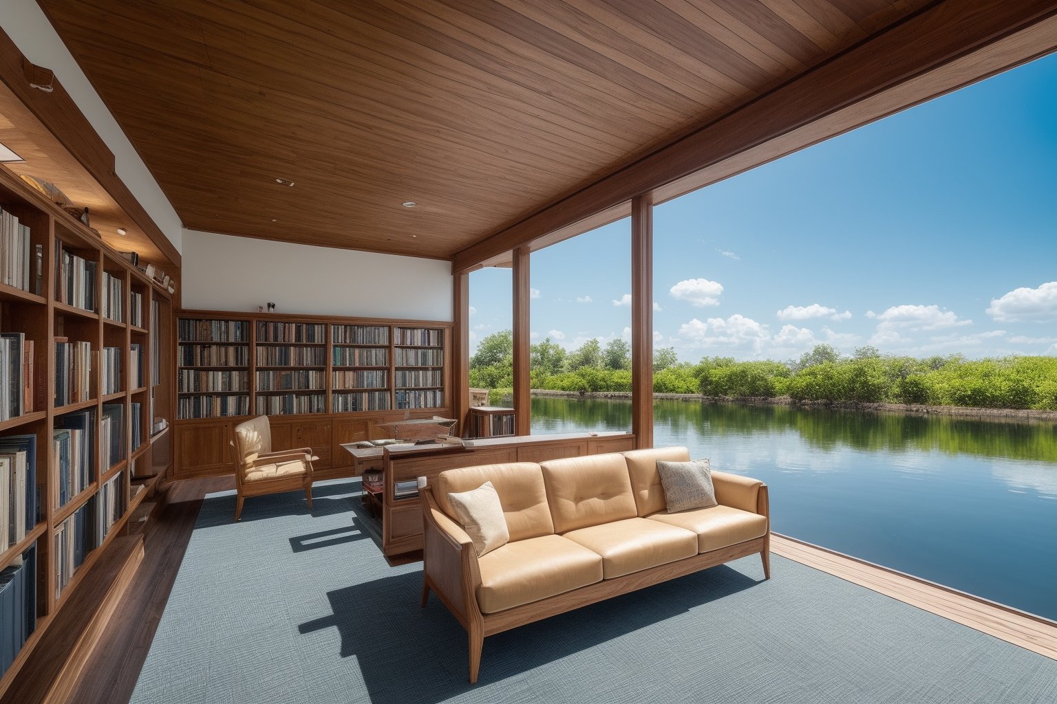 a library with a sofa and book shelves,(masterpiece),(high quality),best quality,real,(realistic),super detailed,(full detail),(4k),8k,scenery,sky,outdoors,day,building,water,blue sky,watercraft,boat,reflection,flower,signature,